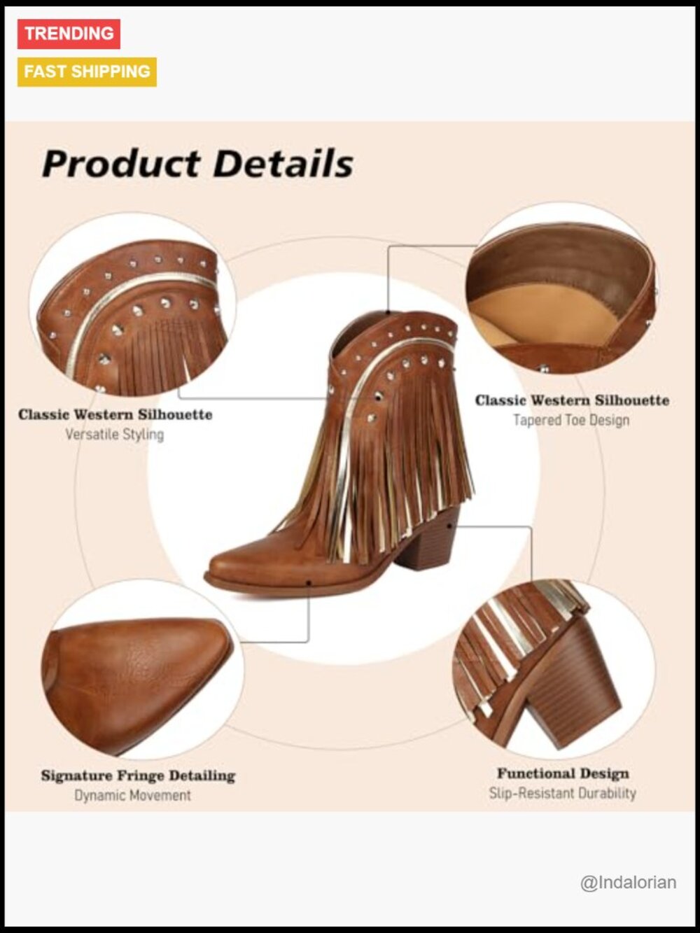 Pointed Toe Cowgirl Boots with Fringe Ankle Booties Block Heel PU Leather - Picture 6 of 7